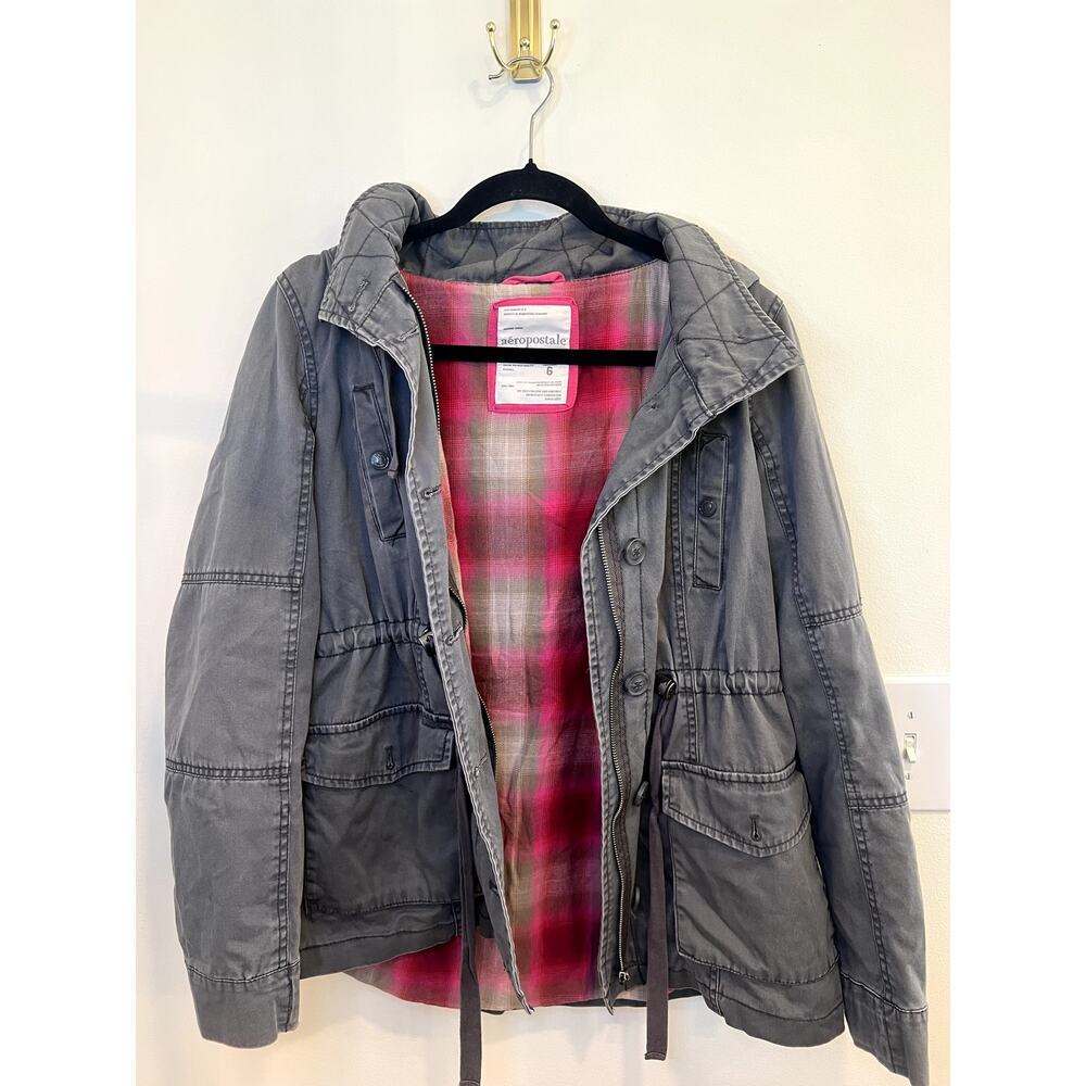 Aeropostale Gray Utility Jacket Women's Large Pink Plaid Lined Hooded Anorak Coa
